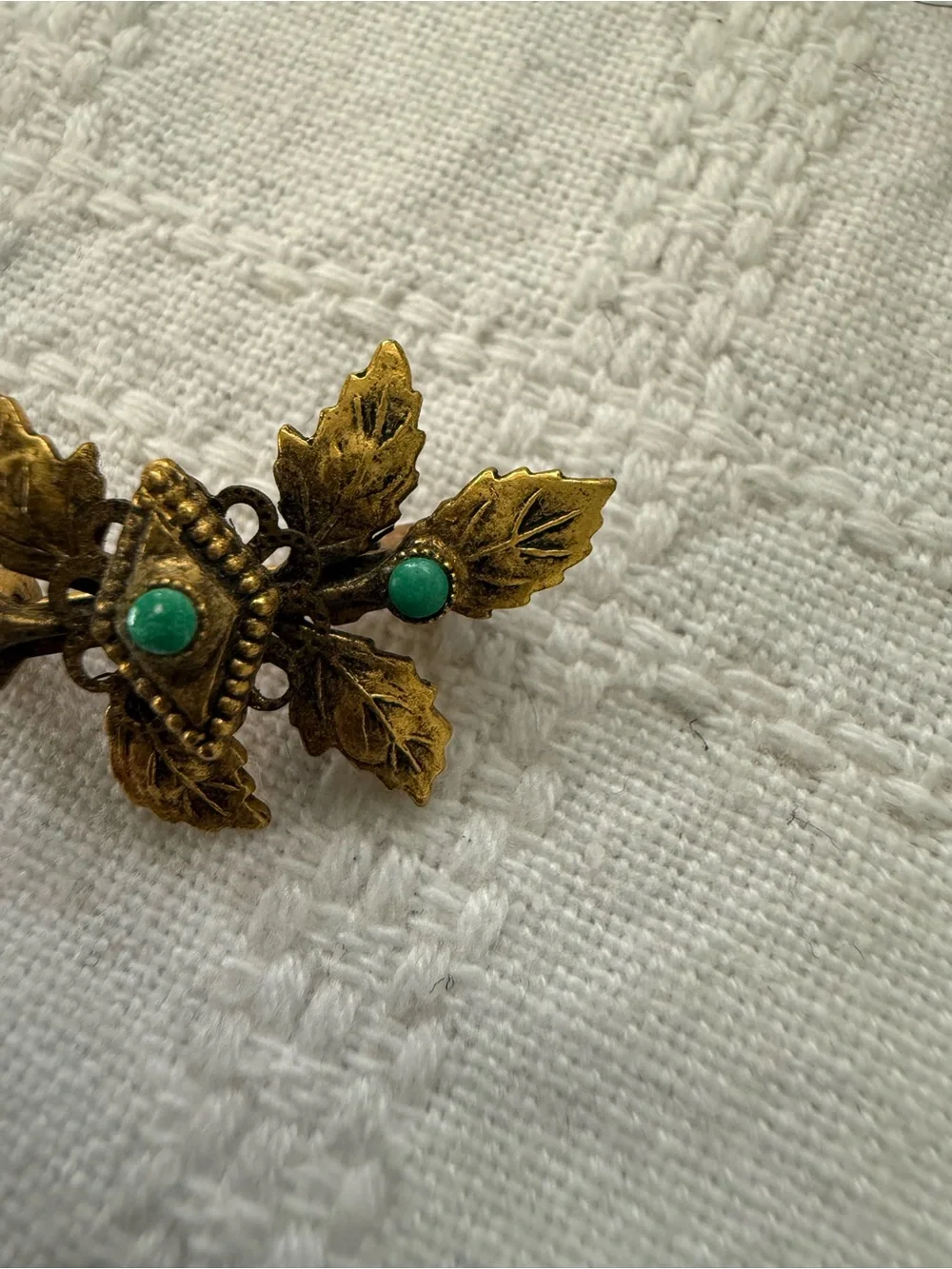 Vintage French Gold-Tone Leaf Brooch with Green Stones 1950s